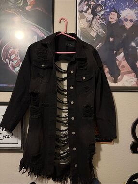 AKIRA Black Distressed Long Jean Jacket